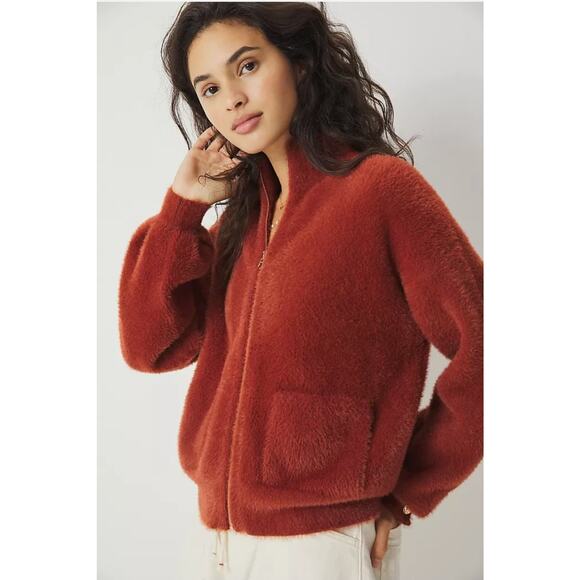 Anthropologie Sweaters - Anthropologie Kalista Eyelash Rust Faux Fur Full Zip Jacket medium